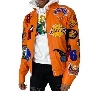 JEFF HAMILTON NBA COLLAGE VEGAN LEATHER JACKET ORANGE - L